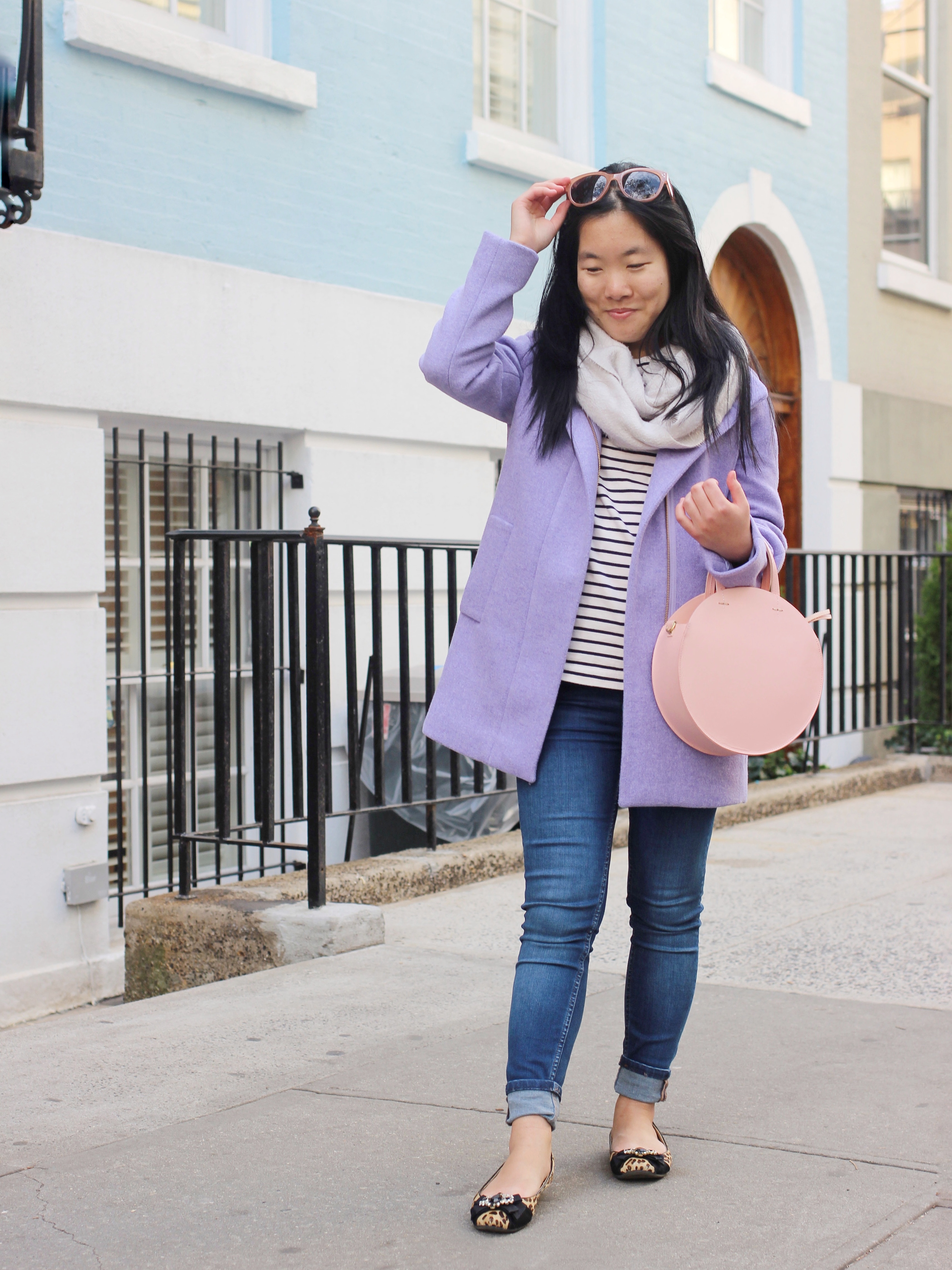 j crew lavender coat - leopard flats - clare v alistair pink circle bag