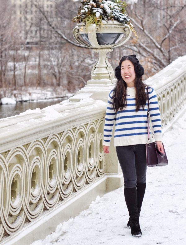 Club Monaco striped cashmere sweater - Aquatalia black suede boots - Kate Spade bow earmuffs - Kate Spade purple crossbody