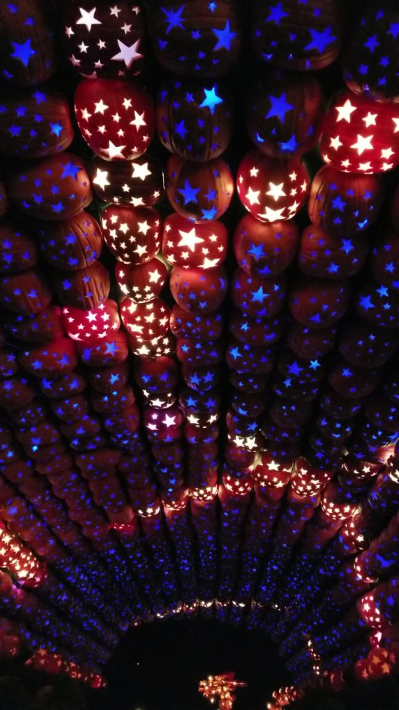 A colorful and illuminated tunnel made of carved jack o'lantern pumpkins