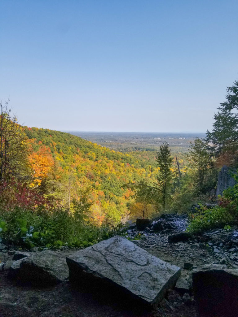 A cliffside overlook towards a mountain with peak fall foliage