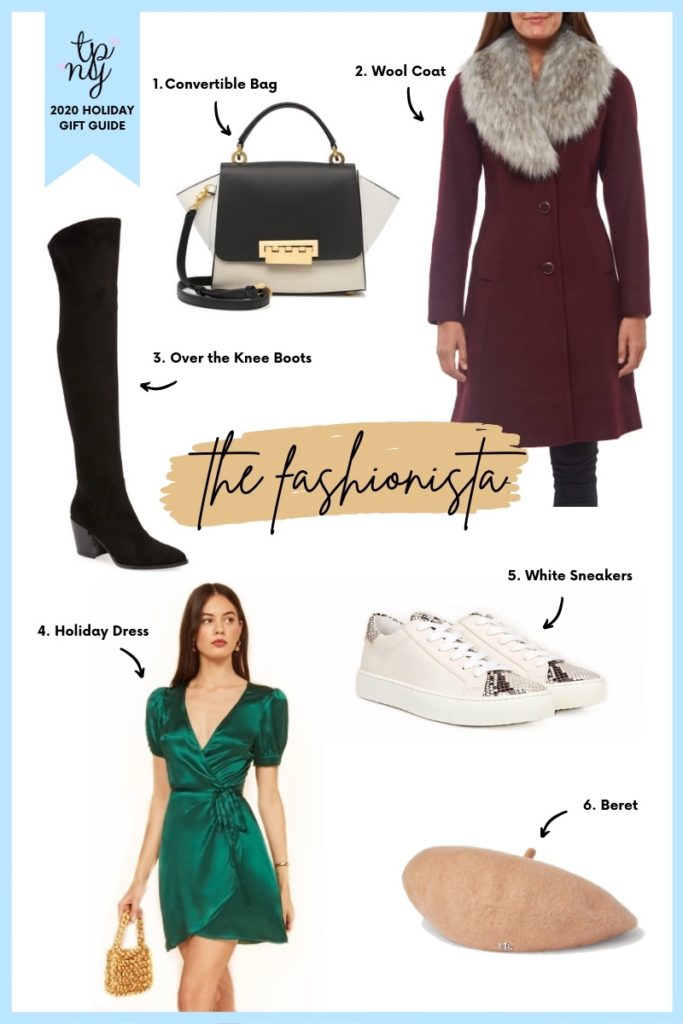 Holiday gift guide for the fashionista - wool coat, over the knee boots, white sneakers, structured crossbody bag, beret, party cocktail dress