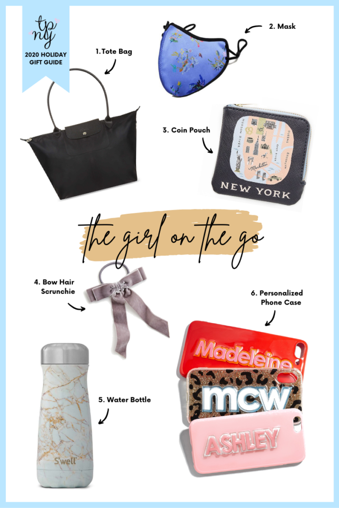 Holiday gift guide for the Girl on the Go - tote bag, face mask, coin pouch, bow air scrunchie, reusable water bottle, personalized phone case