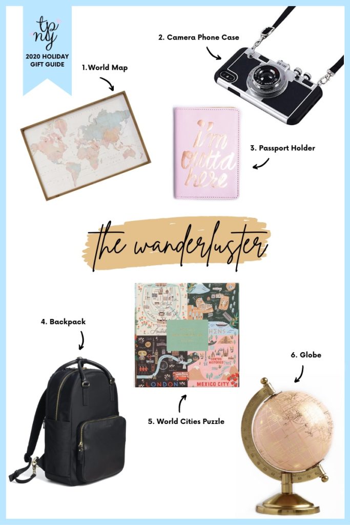 Holiday gift guide for the traveler - camera phone case, pastel world map, passport holder, world cities puzzle, travel backpack, blush globe