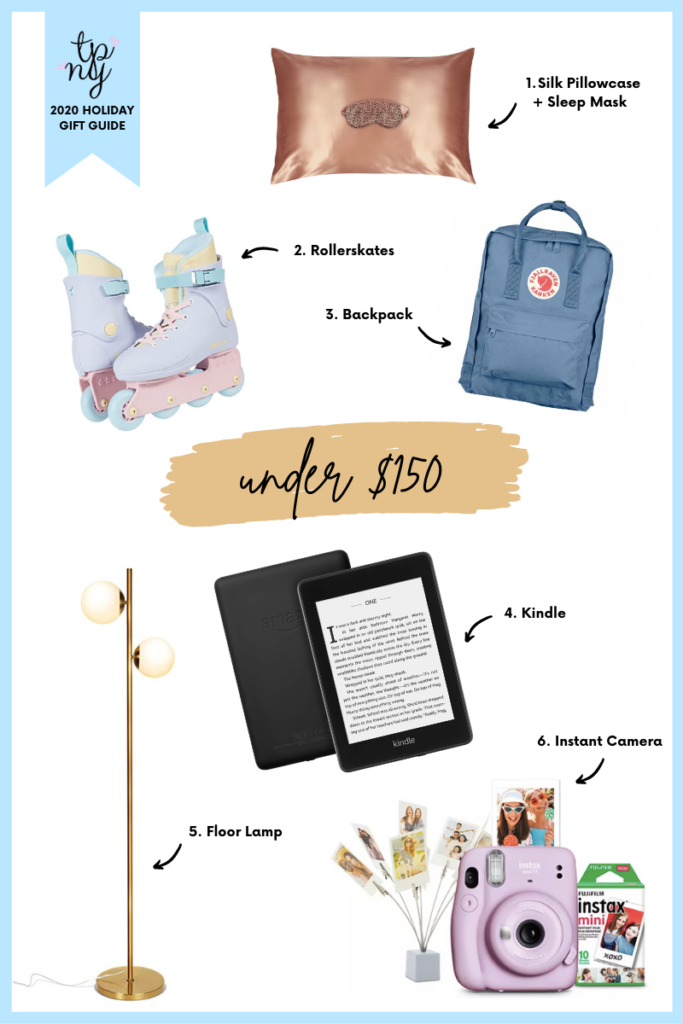 Holiday gift guide under $150 - instant camera, silk pillowcase, rollerskates, floor lamp, kindle, backpack