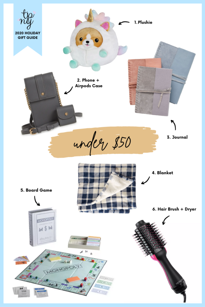 Holiday gift guide under $50 - corgi plushie, leather journal, phone and airpods case, blanket, board game, Revlon hair dryer