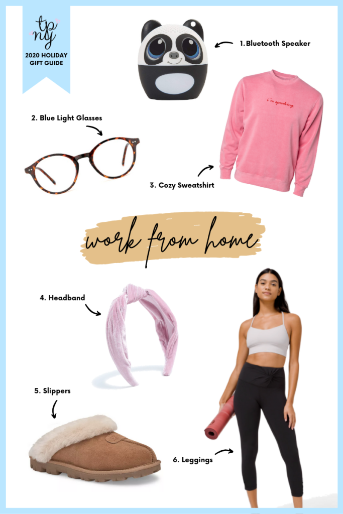 Work from Home holiday gift guide - blue light glasses, bluetooth speaker, sweatshirt, headband, leggings, slippers